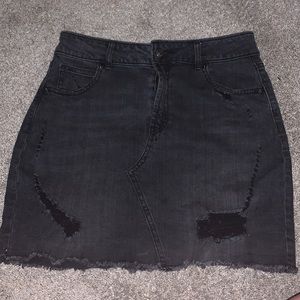 Black denim distressed high rise mini skirt